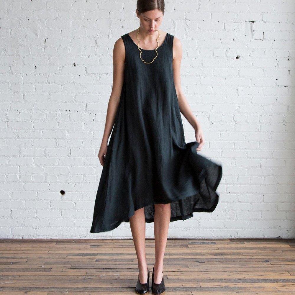 BLACK CRANE Black Tank Dress, Linen, Sleeveless, Made in USA, Size Small